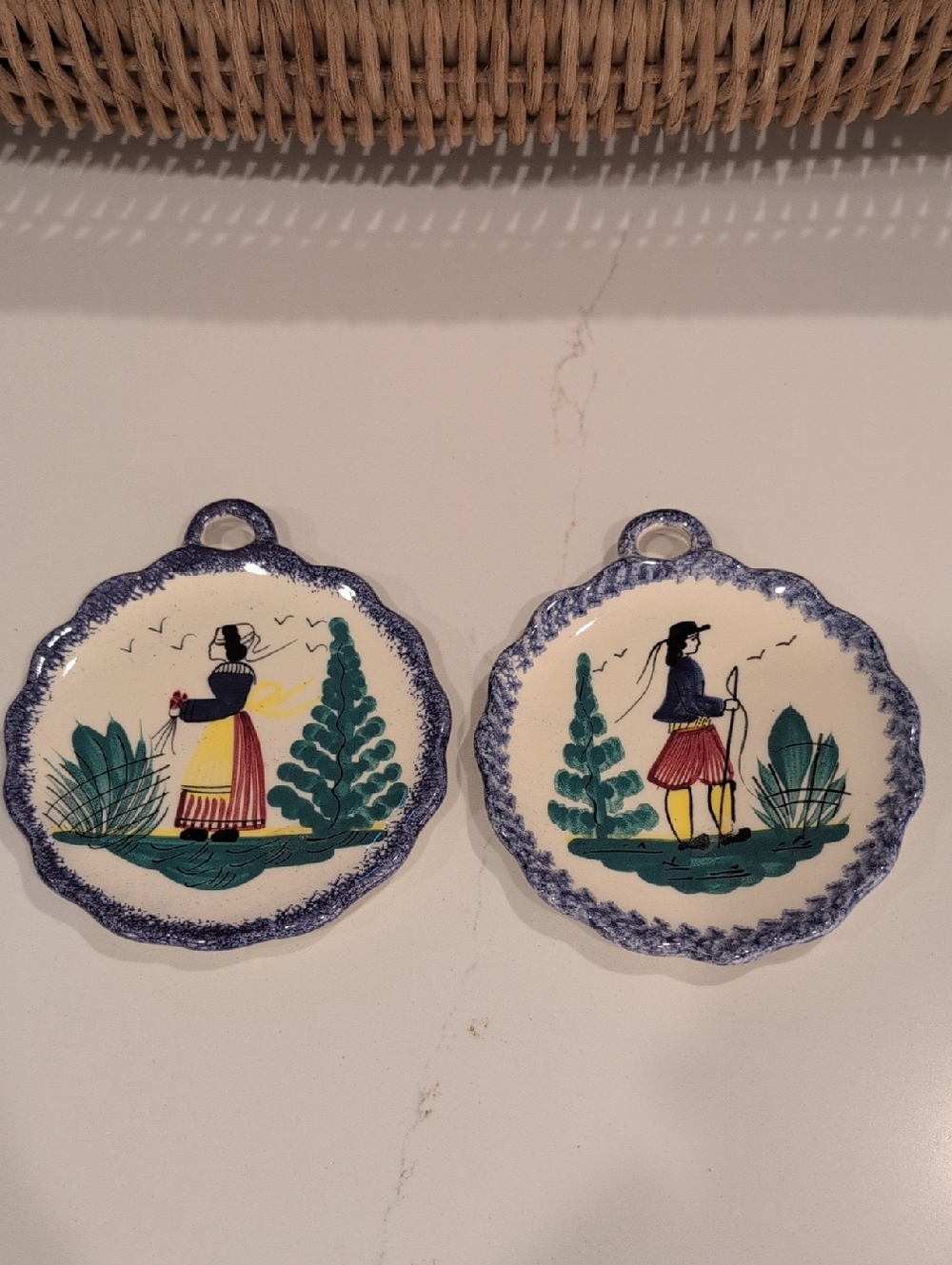 Henriot Quimper Pottery Dish Wall Plaque Breton Woman & Man France Set of 2